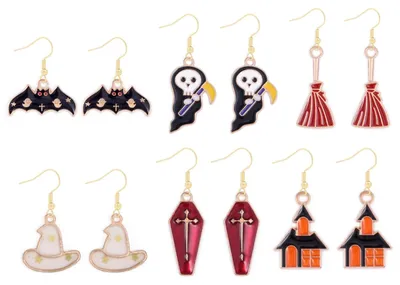 Produktbild von Halloween Ohrringe 12 Stück, Spuk-Thema Geist Fledermaus Spinne Schädel, Für Kostümpartys Und Maskenbälle