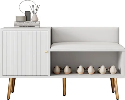 Immagine prodotto di Sweiko Moderna e lussuosa scarpiera in bianco con vano portaoggetti, panca imbottita e schienale - Scarpiera con maniglie in metallo e gambe in metallo - Perfetta per l'ingresso - Dimensioni: L100/D40/H58 cm