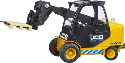 A yellow and black toy telehandler with a pallet attached to its forks, shown from a side-diagonal angle against a white background.
