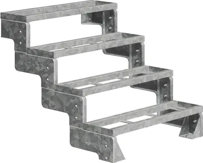 A four-step outdoor staircase made of galvanized metal, shown against a white background.