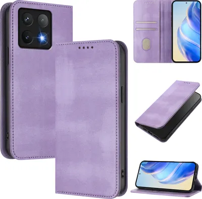 Produktbild von Handyhülle für Xiaomi 14T Pro, Vintage Leder RFID Schutz Kartenfach Standfunktion Magnetische Klapphülle Violett