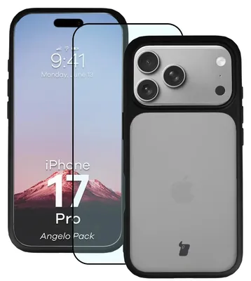 Produktbild von Schutzhülle + gehärtetem Glas Bizon Angelo Pack für iPhone 17 Pro, Getönte mit schwarzem Rahmen