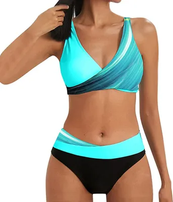Produktbild von ASKSA Damen Bikini Set Push Up Zweiteiliger Streifen High Waist Badeanzug Sport Bademode, Hellblau, S