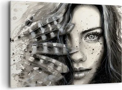 Produktbild von Bild auf Leinwand - Leinwandbild - Frau Federn Lippen Kunst. - 100x70cm - Wand Bild - Wanddeko - Leinwanddruck - Bilder - Kunstdruck - Wanddekoration - Leinwand bilder - Wandkunst - AA100x70-2874