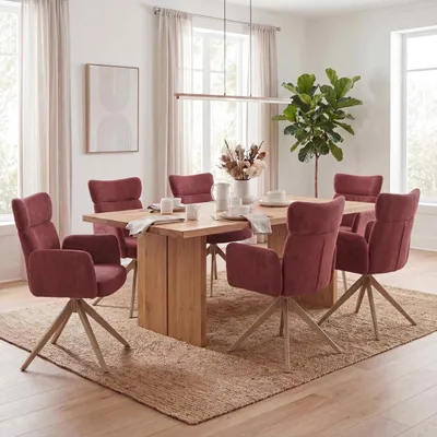 Produktbild von 6er-Set Esszimmerstuhl HWC-N11, Stuhl, drehbar Auto-Return Stoff Bouclé 350g/m²   bordeaux, Beine Holz-Optik