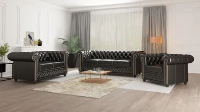 Produktbild von S-STYLE MÖBEL - Chesterfield Polstergarnitur 3+2+1 mit Schlaffunktion aus Schwarz veganem Leder mit Holzfüßen - Area, B/T/H: 3er - 203 cm/86 cm/72 cm