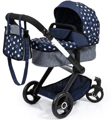 Produktbild von Bayer Design 17015AA Kombi-Puppenwagen Xeo mit Tasche, verstellbarer Griff, wandelbar als Jogger, schwenkbare Vorderräder, dunkelblau mit Sternen