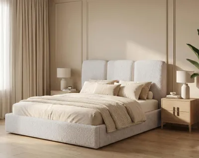 Zdjęcie produktu dla Łóżko tapicerowane 200x200 Mira boucle – łóżko z pojemnikiem na pościel i stelażem drewnianym, nowoczesne łóżko do sypialni, tkanina boucle – Beżowy