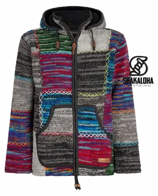 Immagine prodotto di Cardigan in lana Shakaloha - Cardigan Patch ZH Pelliccia multicolore mista con fodera in pile e cappuccio rimovibile - Uomo - Tinta unita - Realizzato a mano in Nepal con lana di pecora