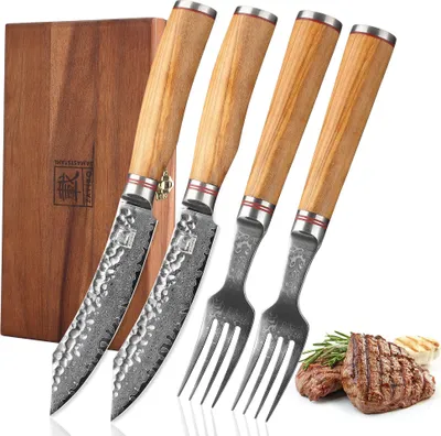 Produktbild von Zayiko Minami Damast 2er Steakbesteck-Set 12 cm Klingen Olivenholzgriffe Holzbox
