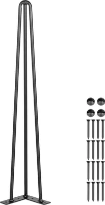 A black hairpin table leg and screws are shown against a white background.