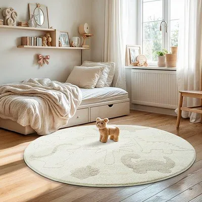 Productafbeelding van Unyqoos® Karpet24 Alina Kids – Rond kinder tapijt met dinosaurus motief, crème kleur, diameter 120 cm, 50% polyester/50% polypropyleen, 12 mm poolhoogte, Standard 100 gecertificeerd