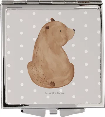 Produktbild von Mr. & Mrs. Panda Klappbarer Spiegel Bär Schulterblick - Grau Pastell - Geschenk, Kosmetikspiegel, Weisheit, Selbstachtung, Reise Schminkspiegel, Teddy, Taschenspiegel