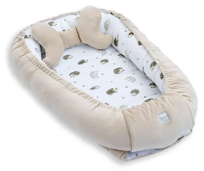BABYNEST + Kissen BEIGE Samt Velour/ Igel Braun Baumwolle Nestchen