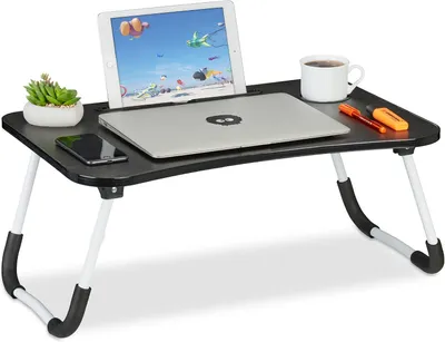 Immagine prodotto di Tavolino per laptop da utilizzare su divano o letto - Pieghevole - Porta tablet e portabicchieri - Dimensioni: 26 x 63 x 40 cm - Colori: nero e bianco