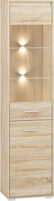 Produktbild von Vitrine Mochis 05, Farbe: Sonoma Eiche hell inklusive 3 Farbeinsätzen - Abmessungen: 200 x 48 x 34 cm (H x B x T), mit 2 Türen und 5 Fächern
