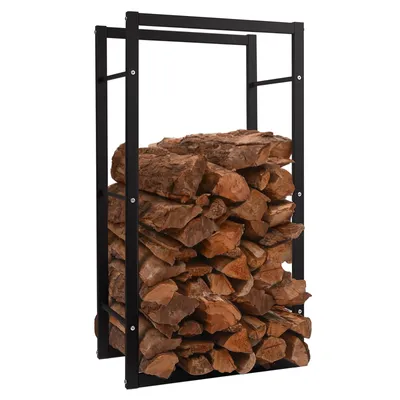 A black metal firewood rack filled with logs, shown against a white background.