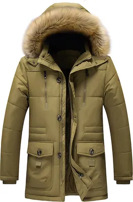 Produktbild von Winterjacke Herren Gefütterte Lang Jacke mit Kapuze Männer Pufferjacke Down Coat mit Reißverschluss Herren Winddicht Outdoorjacke Wärmend Jacke, Herren, Khaki, XL