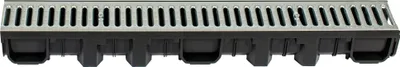 A drainage channel with a grate on top and a black plastic base.