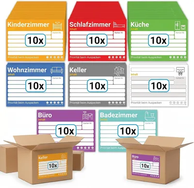 Imagen del producto de Cajas de mudanza de gran tamaño, 15 x 10 cm, 80 etiquetas adhesivas para mudanzas, etiquetas de colores para cajas