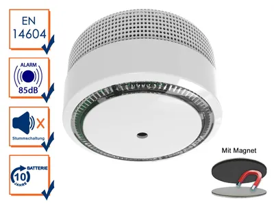 A smoke detector with accompanying feature icons and a magnetic mounting accessory.