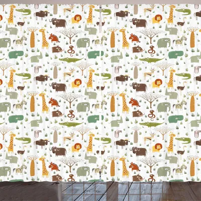 Produktbild von ARANDE Cartoon-Tier Gardine, Grunge African Savannah Fauna Kindheit Thema Safari Funny Wildlife Pattern, 280 x 225 cm, Mehrfarbig