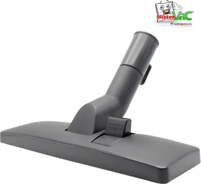 A gray vacuum cleaner floor nozzle with a logo and text overlay in the upper right corner.
