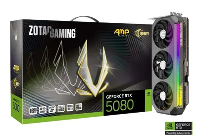 A ZOTAC GAMING GeForce RTX 5080 AMP Extreme INFINITY graphics card and its packaging are displayed against a white background.