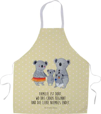 Produktbild von Mr. & Mrs. Panda Kochschürze Koala Familie - Gelb Pastell - Geschenk, Koalas, Küchenzubehör, Grill Schürze, Grillschürze, Muttertag, Kinder, Papa, Kellnerschürze, Mama