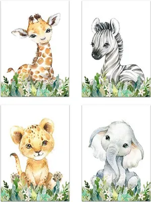 Produktbild von TPFLiving Kunstdruck LW-1000 (OHNE RAHMEN) Poster - Leinwand - Wandbild - Hochauflösender Giclée-Druck, langlebig und hochwertig - Giraffe, Löwenbaby, Elefant und Zebra für Kinderzimmer -   - Größe: 20x25cm