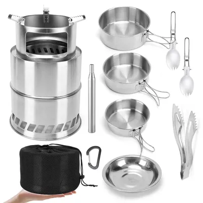 Immagine prodotto di Set da cucina da campeggio in acciaio inossidabile 304, composto da 11 pezzi, ideale per cucinare all'aperto con forni a legna. Include pentole e padelle, leggero e compatto