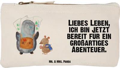 Produktbild von Mr. & Mrs. Panda Kulturbeutel Pinguin & Maus Wanderer Größe S Klein - Weiß - Geschenk, Stoffbeutel, beauty case, Wanderlust, Roadtrip, Abenteuer, Etui, Pouch, Wandern