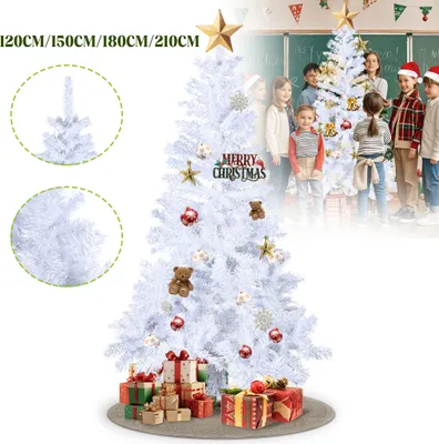 A white artificial Christmas tree decorated with ornaments and gifts at its base, with a group of children standing behind it.