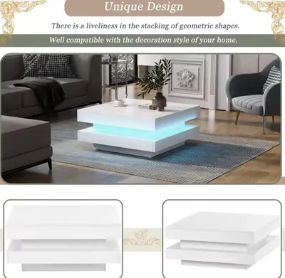 Image de Table basse laquée - Table basse carrée - Pivotante - Éclairage LED avec 16 couleurs - Blanc laqué