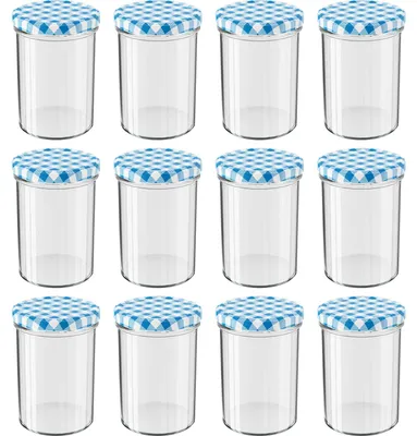 Produktbild von WELLGRO Einmachgläser mit Schraubdeckel - 435 ml, 8,5 x 12 cm (ØxH), Glas / Metall, blau karierte Deckel To 82, Gläser  Germany, verschiedene Mengen wählbar