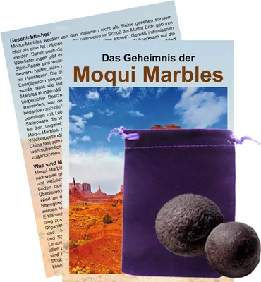 Produktbild von Moqui Marbles Paar ca. 2,5-3cm mit Zertifikat, deutschsprachigem Booklet Das Geheimnis der Moqui-Marbles und Stofftäschchen.