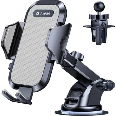 Immagine prodotto di Supporto per telefono da auto 3-in-1 con ventosa, universale, per iPhone e Samsung, colore grigio