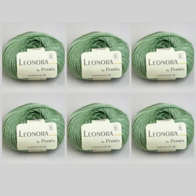 Zdjęcie produktu dla 6 motków Leonora marki Permin – elegancka przędza z jedwabiu, wełny i moheru (kolor 34 – szałwiowo-zielony)