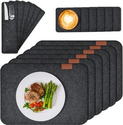 Produktbild von Tischset Platzset, 18er Set Tischsets Abwaschbar Platzsets: 6 Tischsets, 6 Glasuntersetzer, 6 Bestecktaschen - Anthrazit Eckige Platzdeckchen, Telleruntersetzer, Filzset