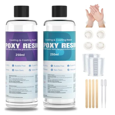 Two bottles of epoxy resin, along with various accessories for mixing and application, are displayed against a white background.