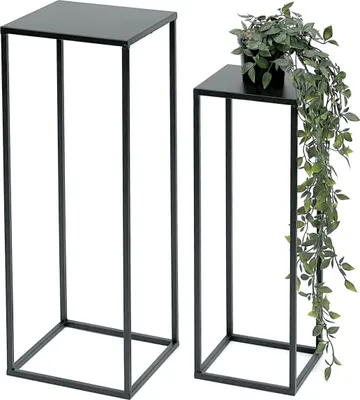 Two black metal plant stands of different heights are shown against a white background. A potted plant with trailing green leaves is placed on the taller stand.
