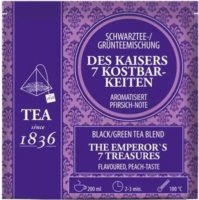 Produktbild von Schwarz-/ Grünteemischung Des Kaisers 7 Kostbarkeiten Pfirsich-Note aromatisiert 50 Pyramidenbeutel im Sachet à 3 g