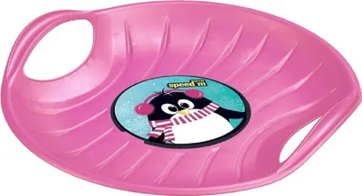 A pink plastic sled with a cartoon penguin graphic on it.