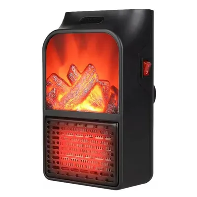 A black electric heater with a realistic flame effect.