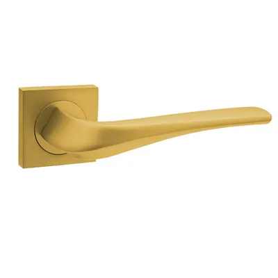 Produktbild von DOMINO Türgriff ohne Schlossrosette | quadratische Rosette | Türklinke für Zimmertür, Bürotür | Türbeschläge aus Aluminium  |Gold Türdrückergarnitur | ADEL-QR K-GOLD MATT