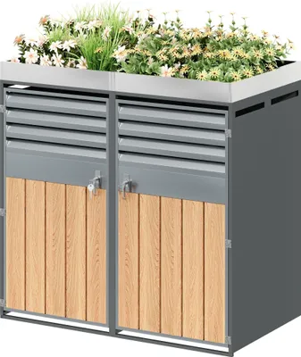 Immagine prodotto di Box per bidoni della spazzatura, presa d'aria con lamelle, scomparti per i rifiuti, chiudibile a chiave, due ante, spazio per piante