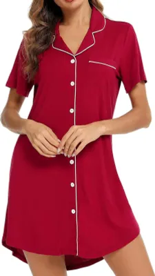 Produktbild von Damen Sommer Nachthemd Kurzarm Shirt Typ Revers V-Ausschnitt Einreihig Locker Einfarbig Homewear Schlafkleid Nachtwäsche