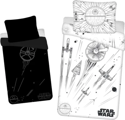 Produktbild von Jerry Fabrics Star Wars Todesstern, Raumschiffe, Weltraum, leuchtet im Dunkeln, Schwarz und Weiß, Bettdecke 140 x 200 cm, Kissen 70 x 90 cm mit Reißverschluss, für Kinder-Fans und Erwachsene