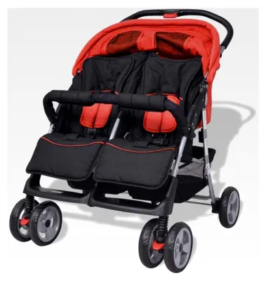 Produktbild von Zwillingswagen klappbar mit Regenschutzhaube aus Stahl und Oxfordgewebe 93 x 68 x 103 cm (L x B x H) Rot und Schwarz