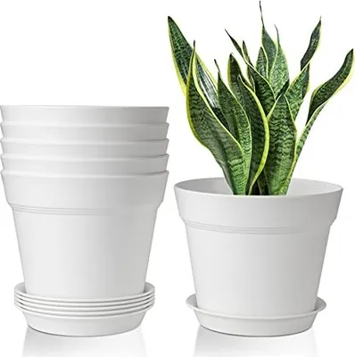 Image de T4U 19 cm pot de fleurs en plastique -soucoupe, set de 6 planteurs herbes -pots plusieurs trous de drainage, plante ronde d'intérieur balcon succulentes K